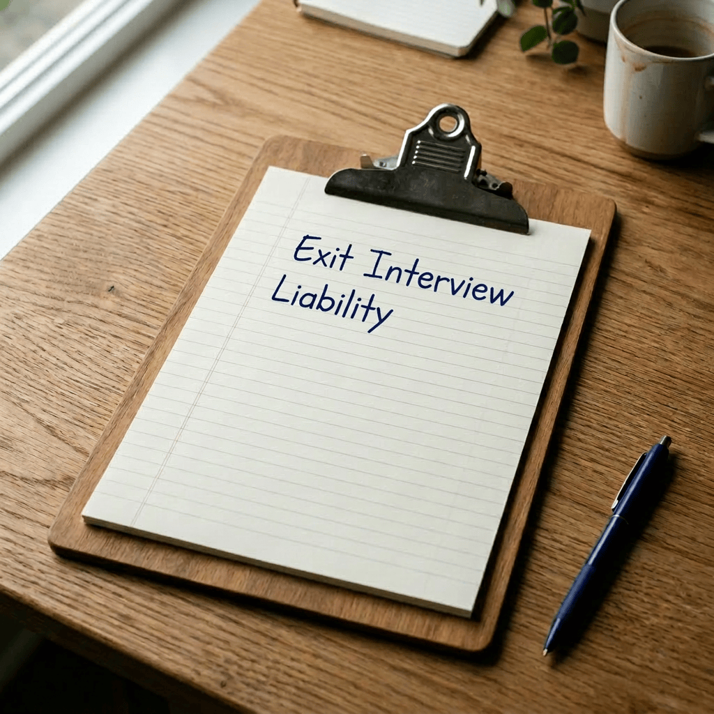 Blank lined notepad clipped to a wooden clipboard on a wooden desk with a blue pen and a coffee cup