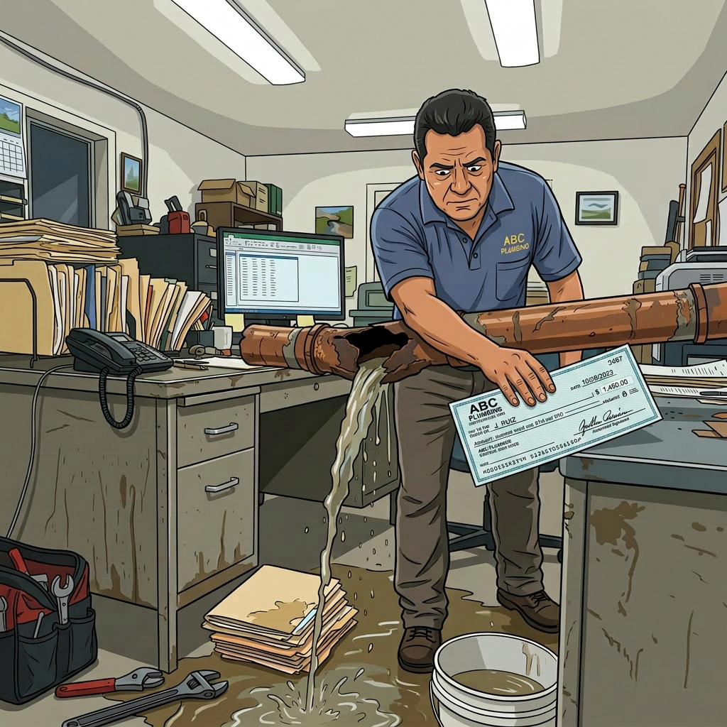 Man in uniform leaning over broken pipe leaking water onto office floor and documents