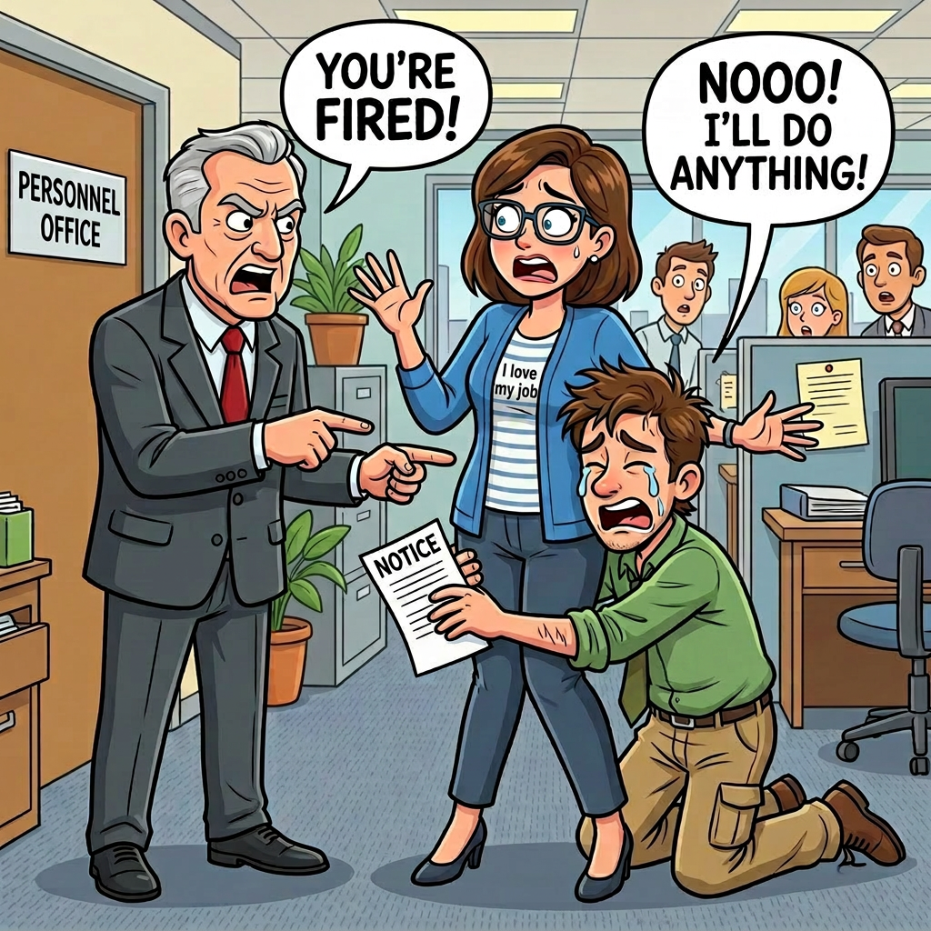 Manager angrily firing employees holding a notice in an office