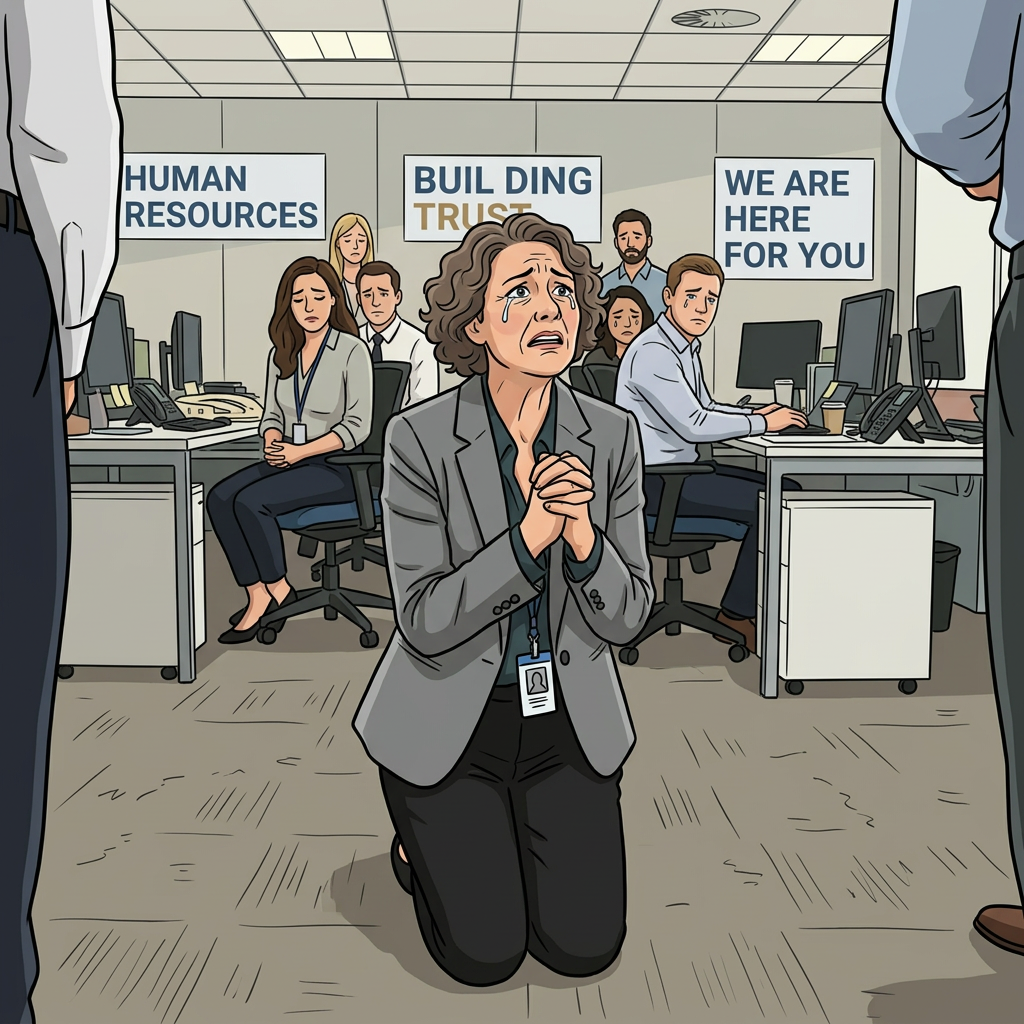Woman kneeling and pleading in office with coworkers watching