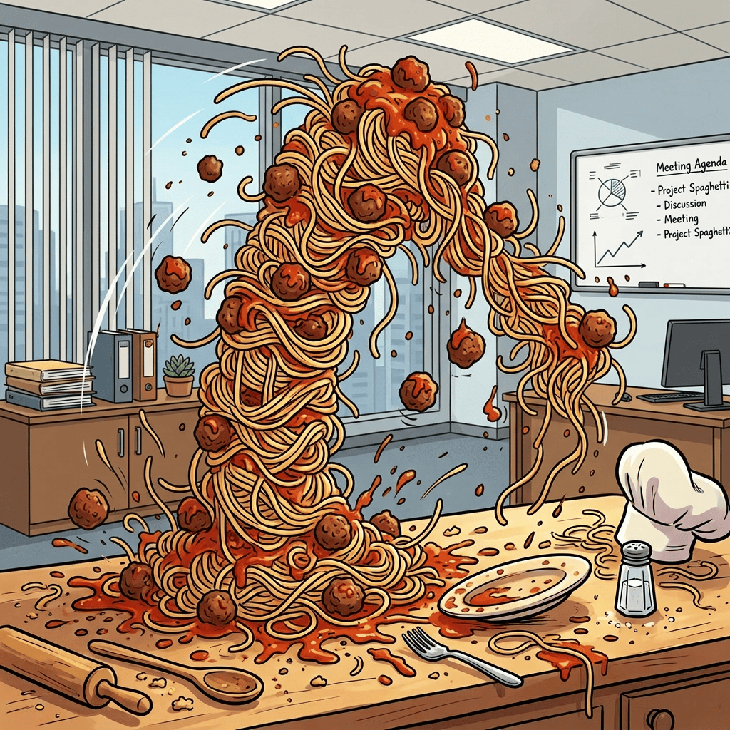 Messy explosion of spaghetti and meatballs on kitchen counter