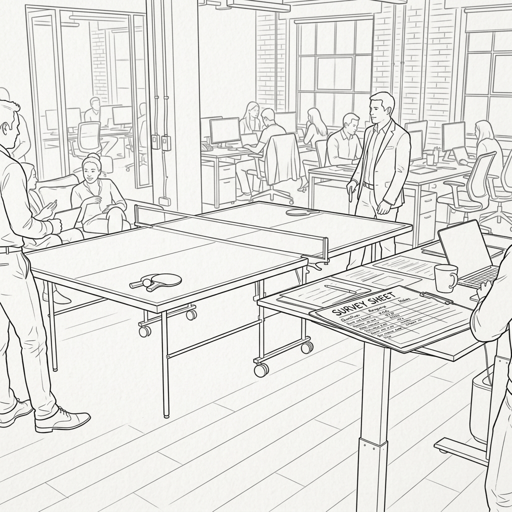 Office workers playing ping pong table game in open workspace